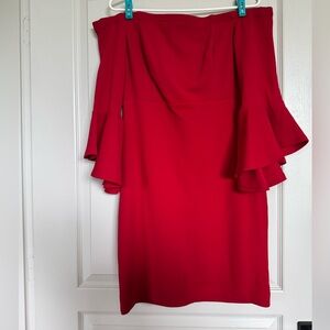Red strapless bell sleeve cocktail dress